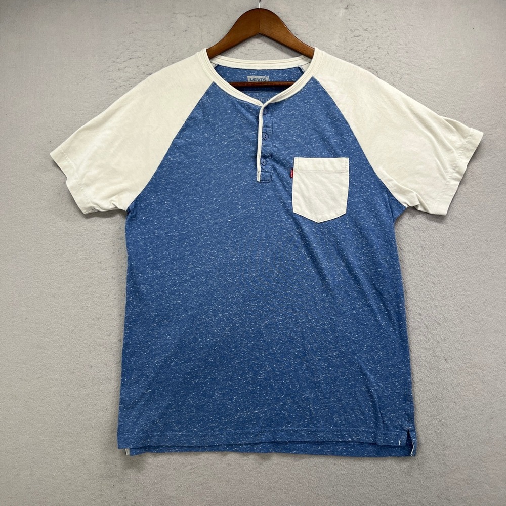 Levi Henley Shirt Mens Large Blue Raglan Short Sleeve Pocket Speckled Casual